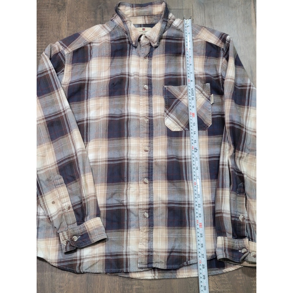 Woolrich Mens XL Plaid Flannel Shirt Tan Brown Navy Cotton Button Down SA-OFN